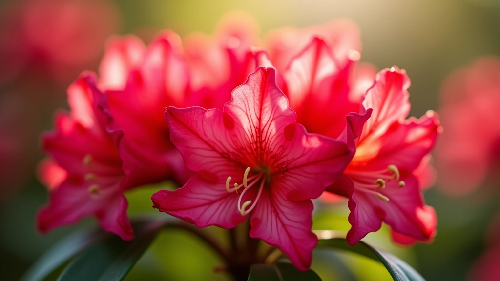 Artimas žiedlapių nuotrauka: gražūs raudoni ir rožini rododendriniai žiedlapiai, kurių detalės ryškios ir spalvingos
