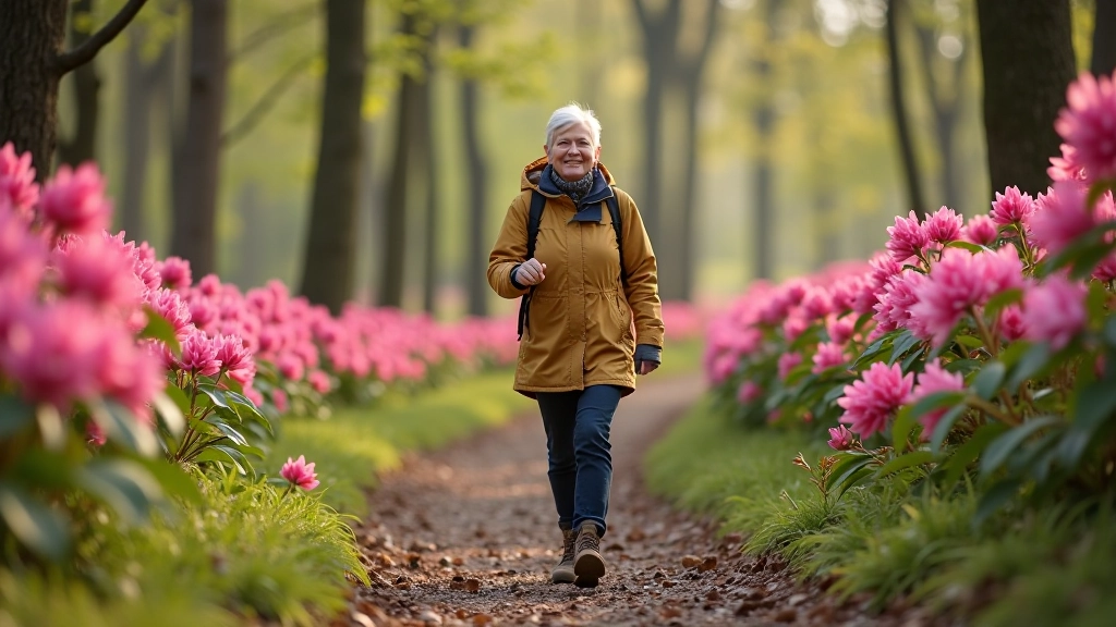 Seniorė bėgoje žygiavimo takeliu pavasario metu, šalia žydinčių rododendrinių krūmų